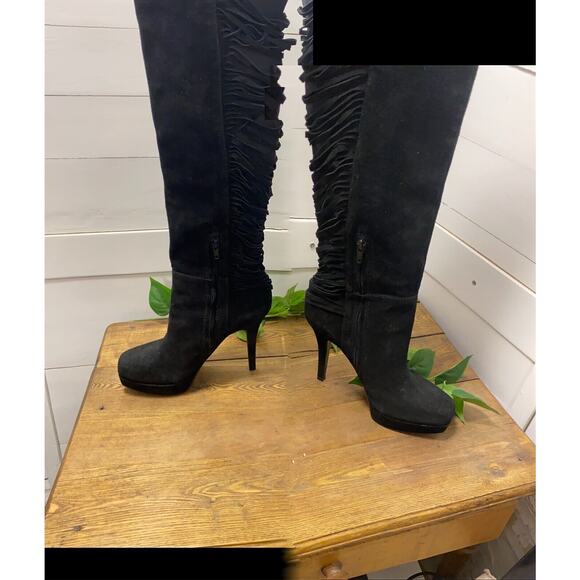 Nine West Over The Knee BLACK SUEDE Leather Fringe Stiletto Heels Boots 7 1/2 - Picture 4 of 16